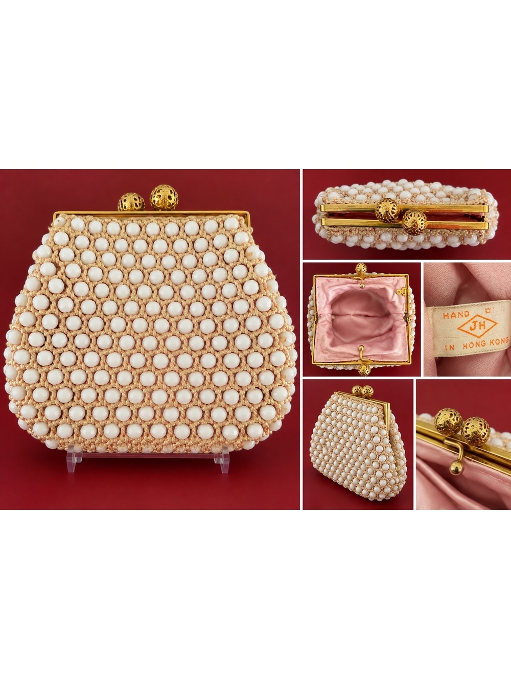 Vintage 1950s 1960s Hong Kong White Beaded Evening Purse Gold Clasp